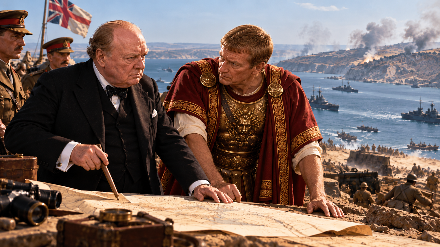 Crassus and Winston Churchill compare failed military expeditions across centuries