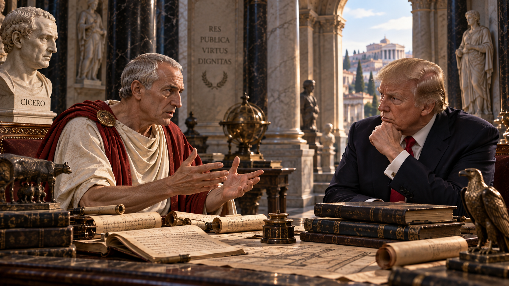 Cicero questioning a modern visitor in the Hall
