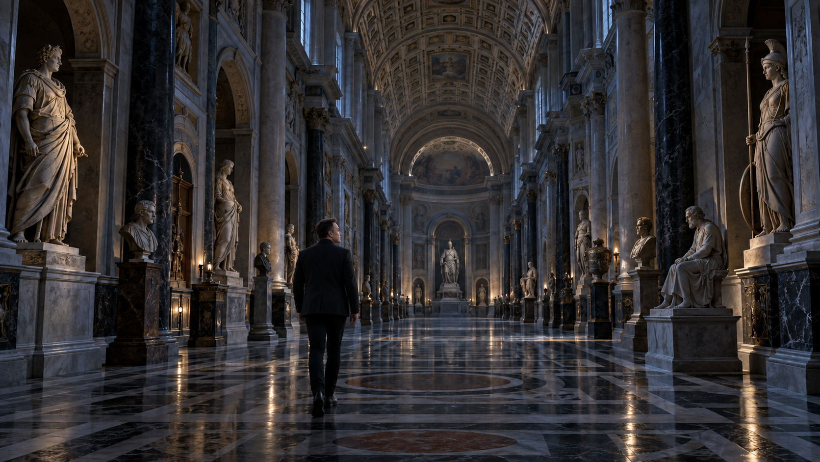 A modern visitor enters the Hall of the Ancients