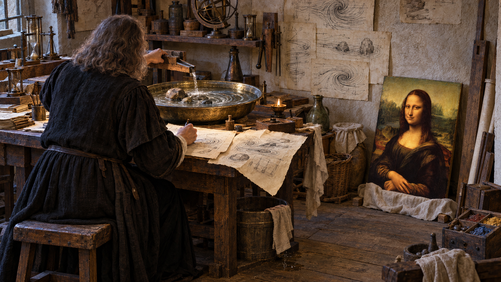Leonardo with the Mona Lisa in his workshop
