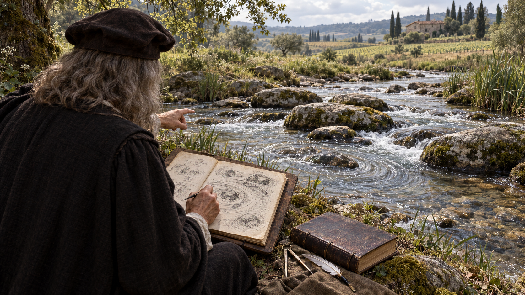 Leonardo studying water and recording observations