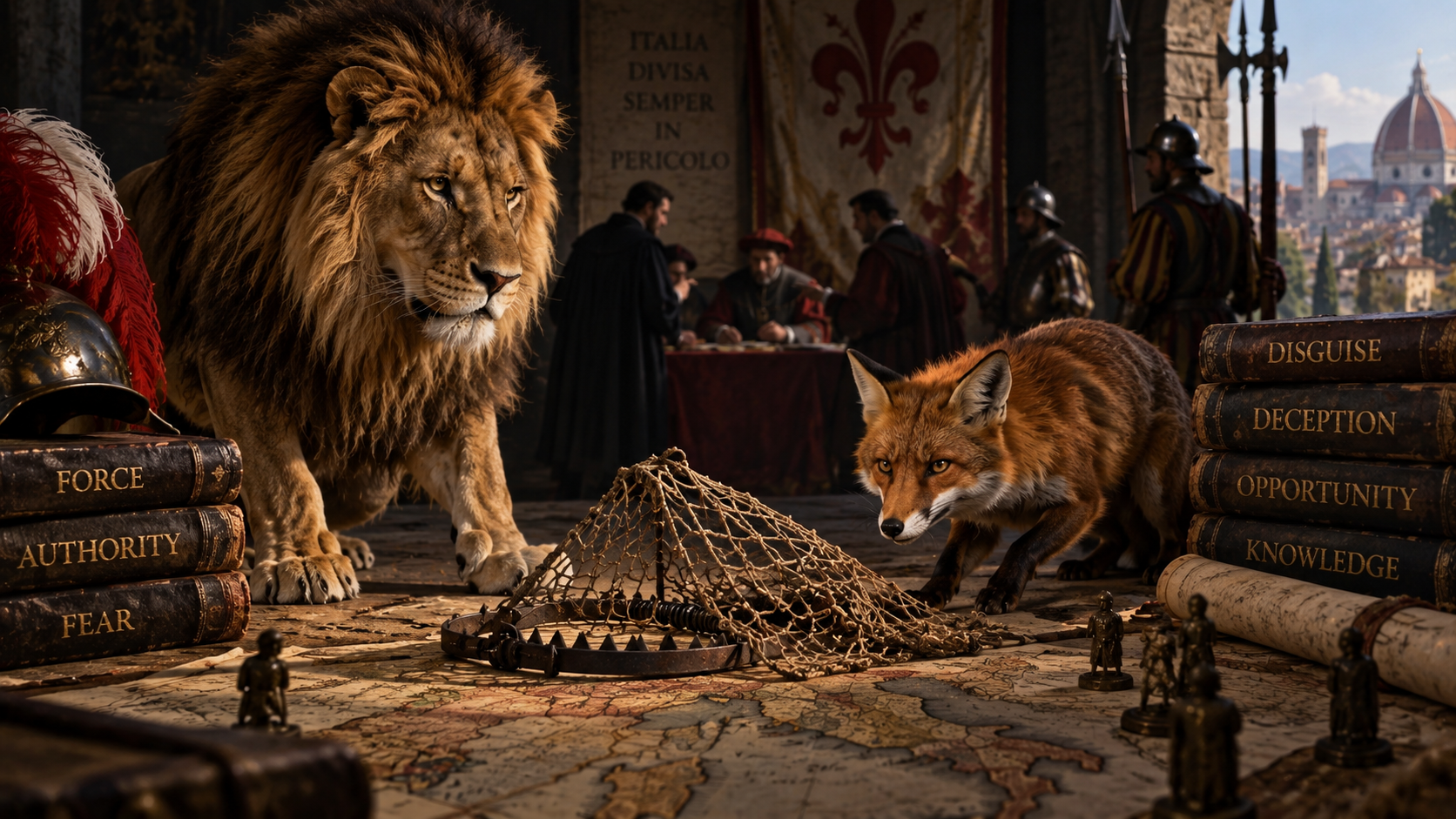 Lion and fox imagery representing force and cunning