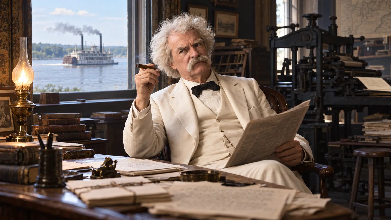 Mark Twain in his study with newspaper and printing press