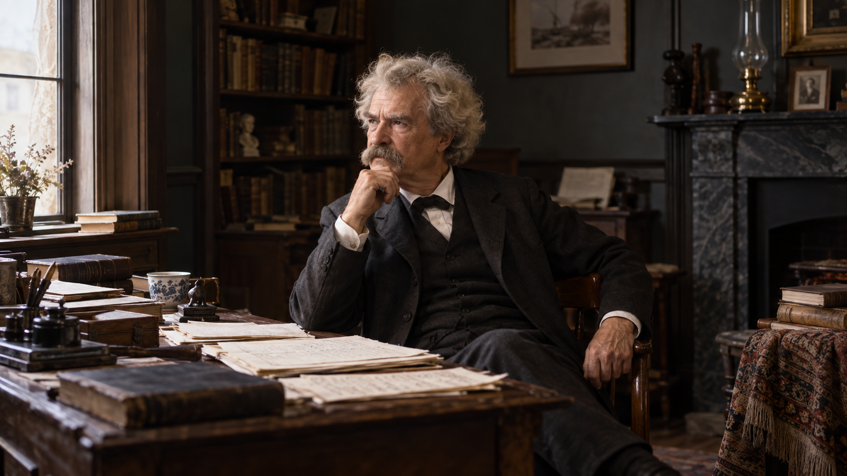 Mark Twain at his desk among books and papers