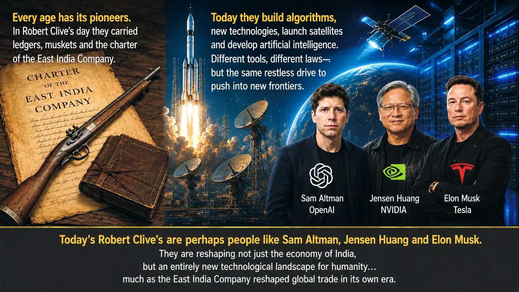 A visual comparison between enterprise in Robert Clive's era and modern technology pioneers.