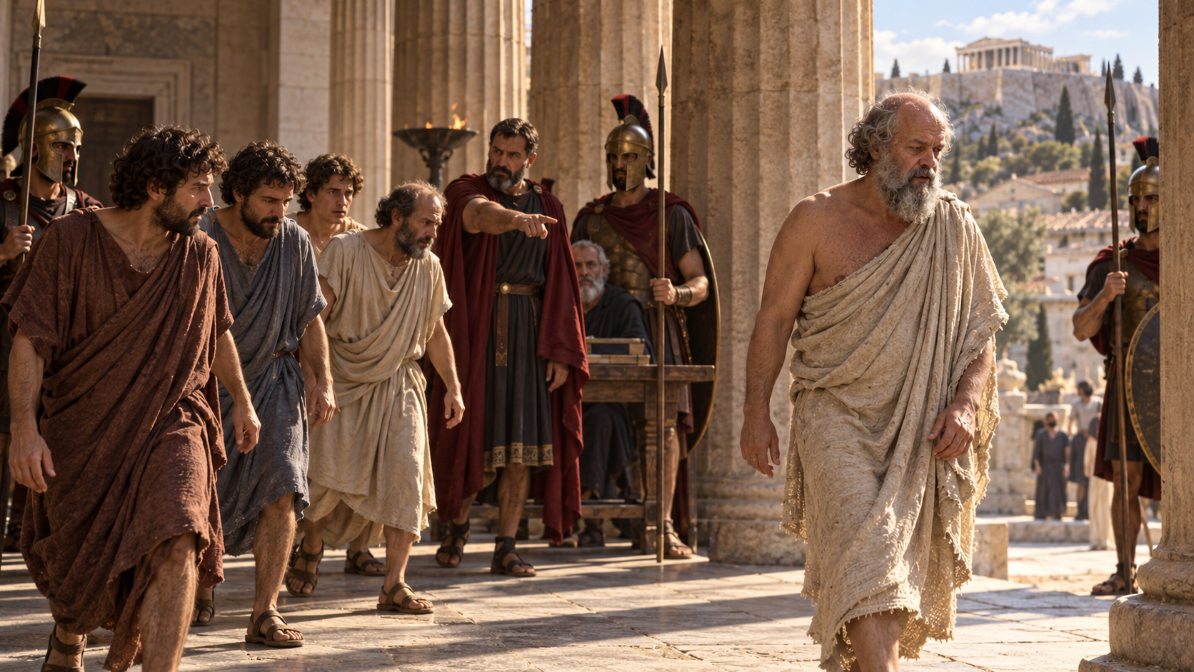 Socrates leaving under guard in Athens