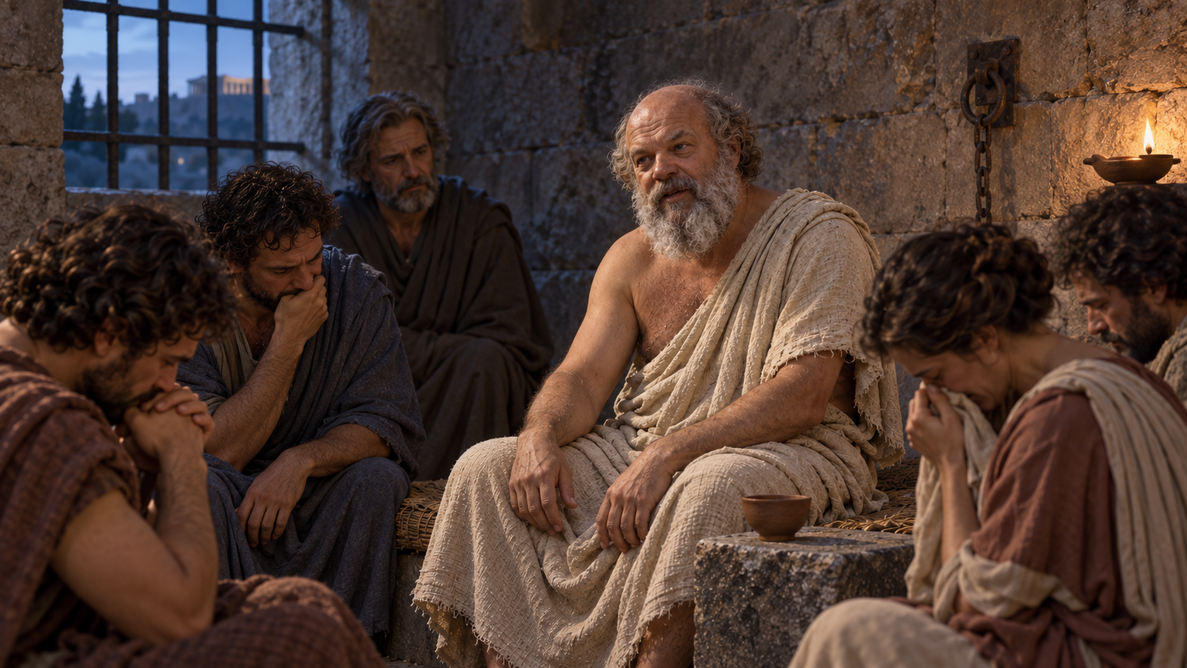 Socrates in prison with clay cup