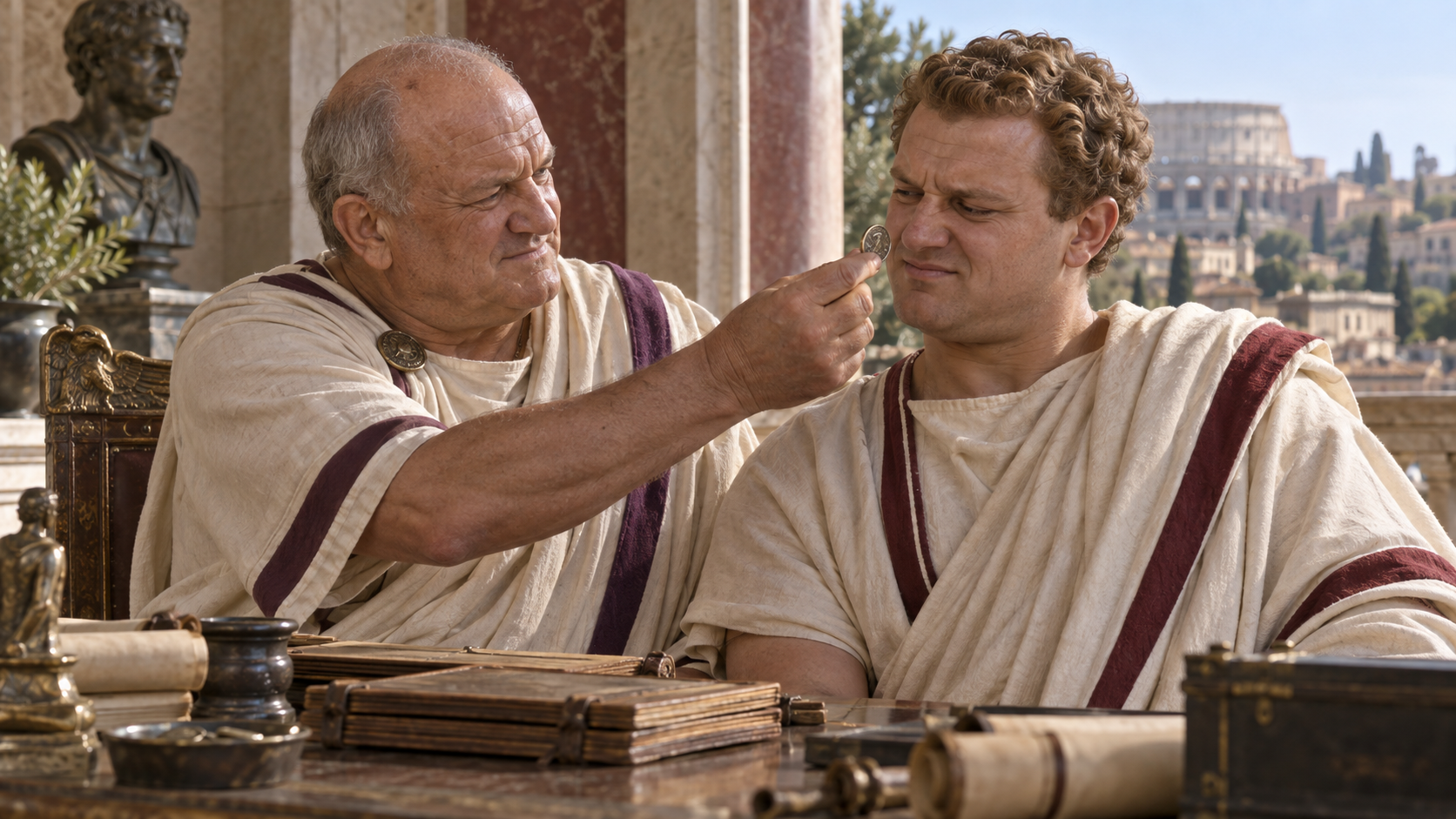 Vespasian showing a coin to Titus