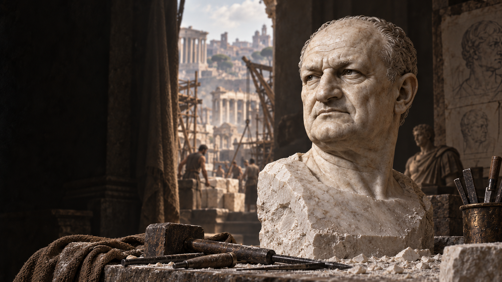 Bust of Vespasian with construction behind