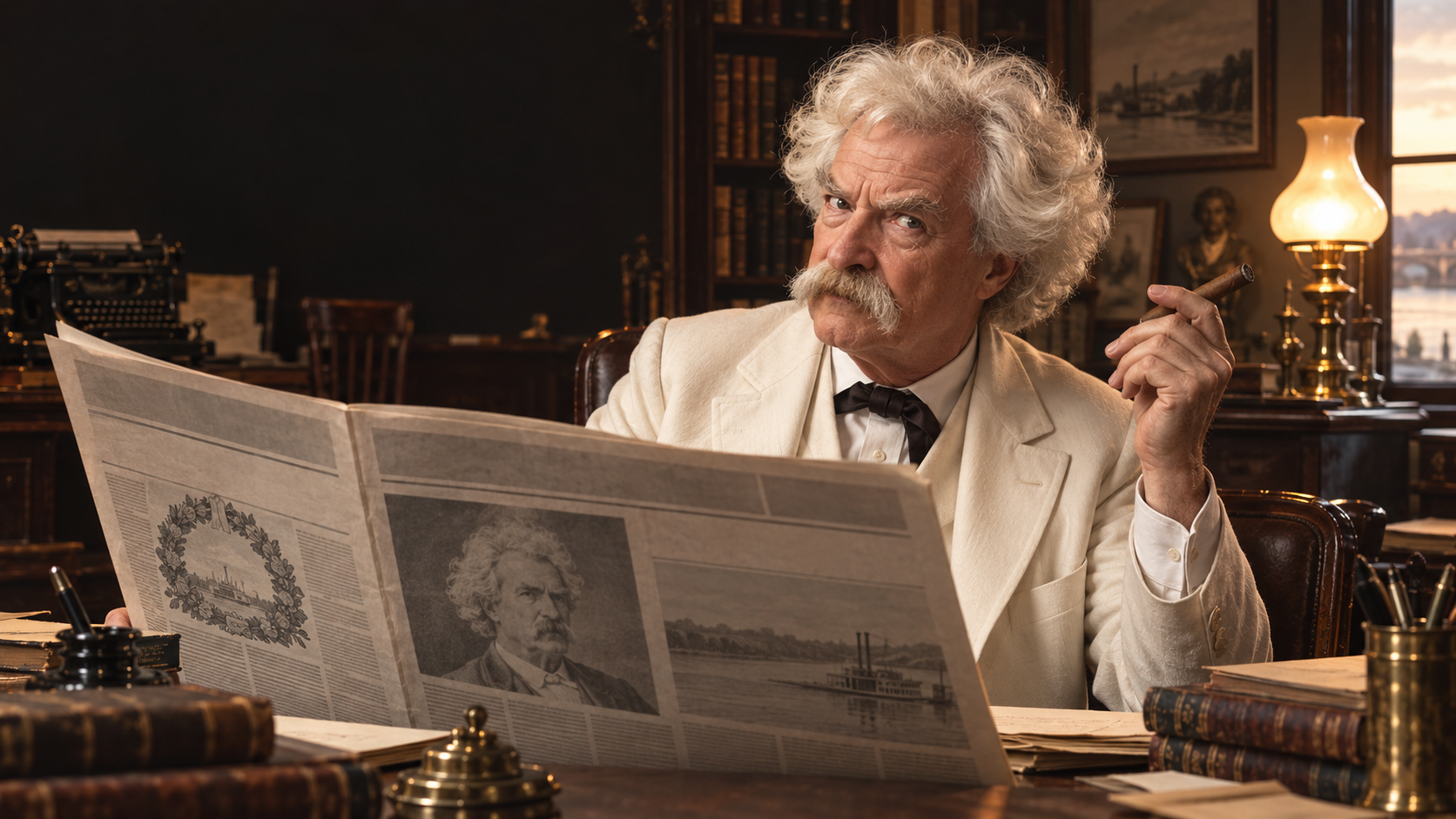 Mark Twain reading a newspaper with a dry, indignant expression.