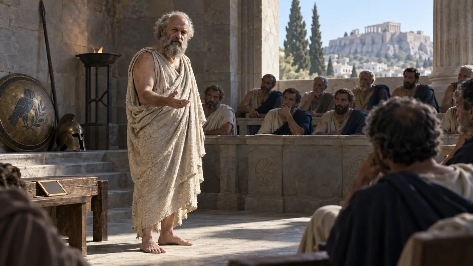 Interpretive scene of Socrates calmly addressing an Athenian jury, with an empty writing tablet and hoplite equipment nearby